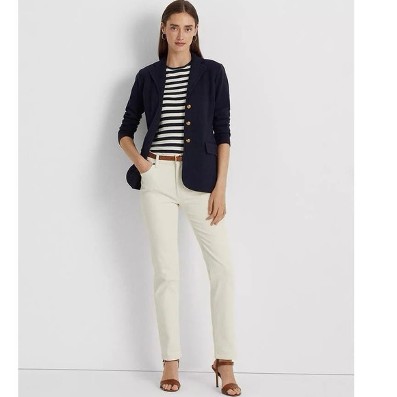 BLACK LABEL LAUREN RALPH LAUREN NAVY BLUE KNIT BLAZER PREPPY OLD MONEY STRETCH - Picture 1 of 12